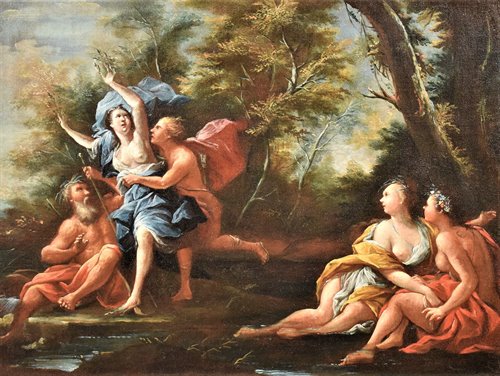 Paire de Scènes Mythologiques  1) "Apollon et Daphné"